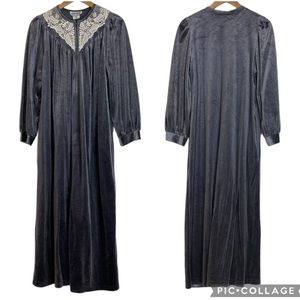 Gray Velour & Lace Zip Front Long Sleeve Long Robe